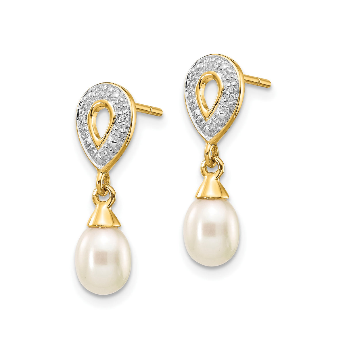 14k Yellow Gold Dangle Earrings with Teardrop White Pearls and Diamond Accents