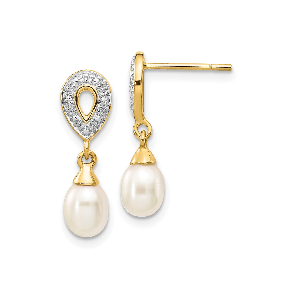 14k Yellow Gold Dangle Earrings with Teardrop White Pearls and Diamond Accents