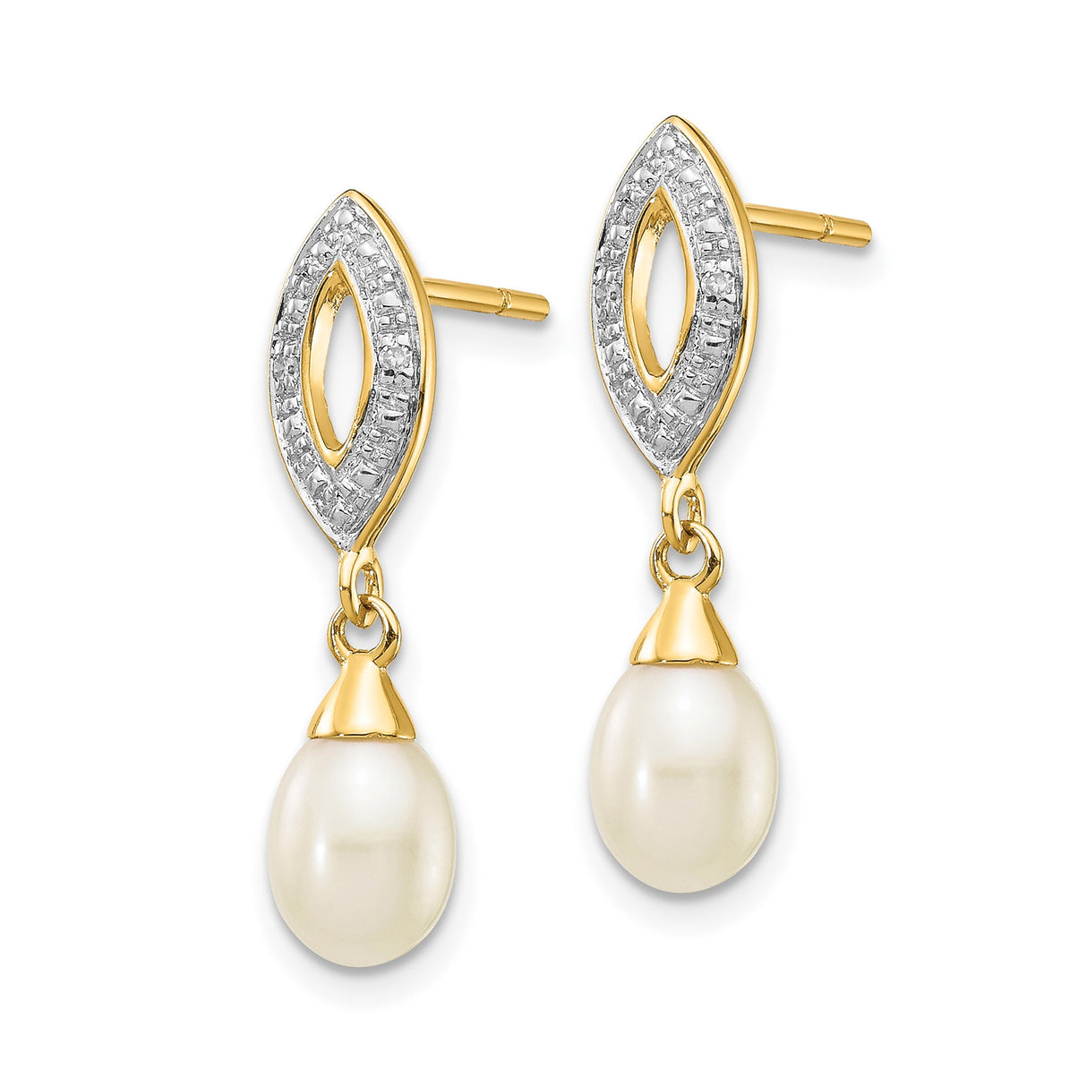 14k Yellow Gold Dangle Earrings with White Drop Pearls and Marquise Diamond Accents