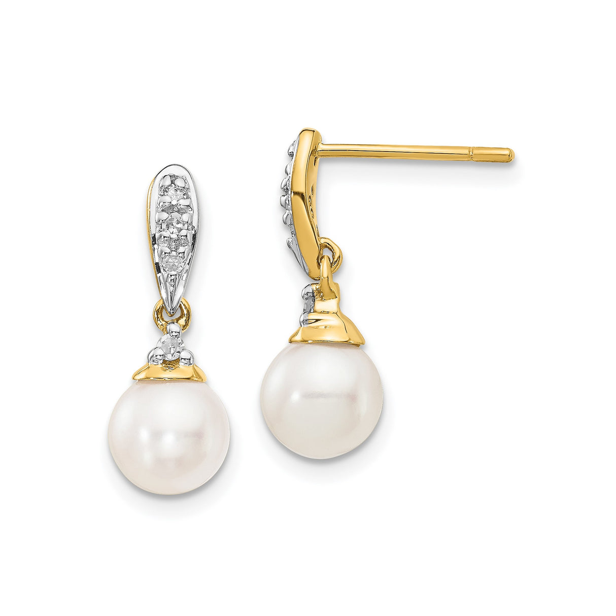 14k Yellow Gold Dangle Earrings with White Cultured Pearls and Diamond Accents