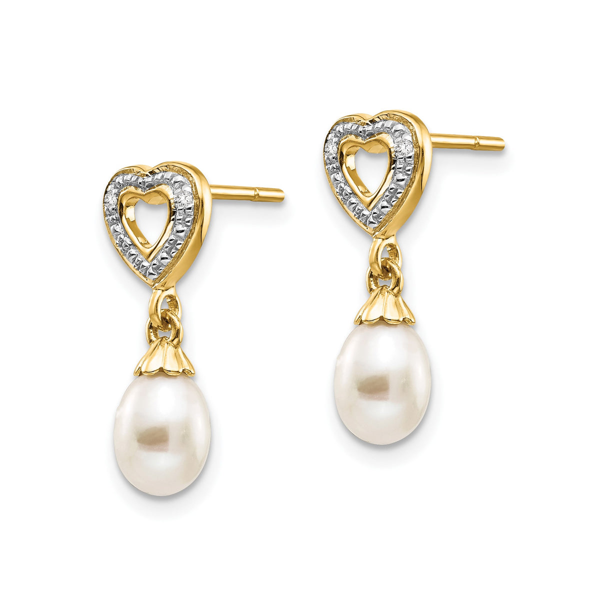 14k Yellow Gold Dangle Earrings with Cultured Freshwater Pearls Diamonds and Open Heart Design