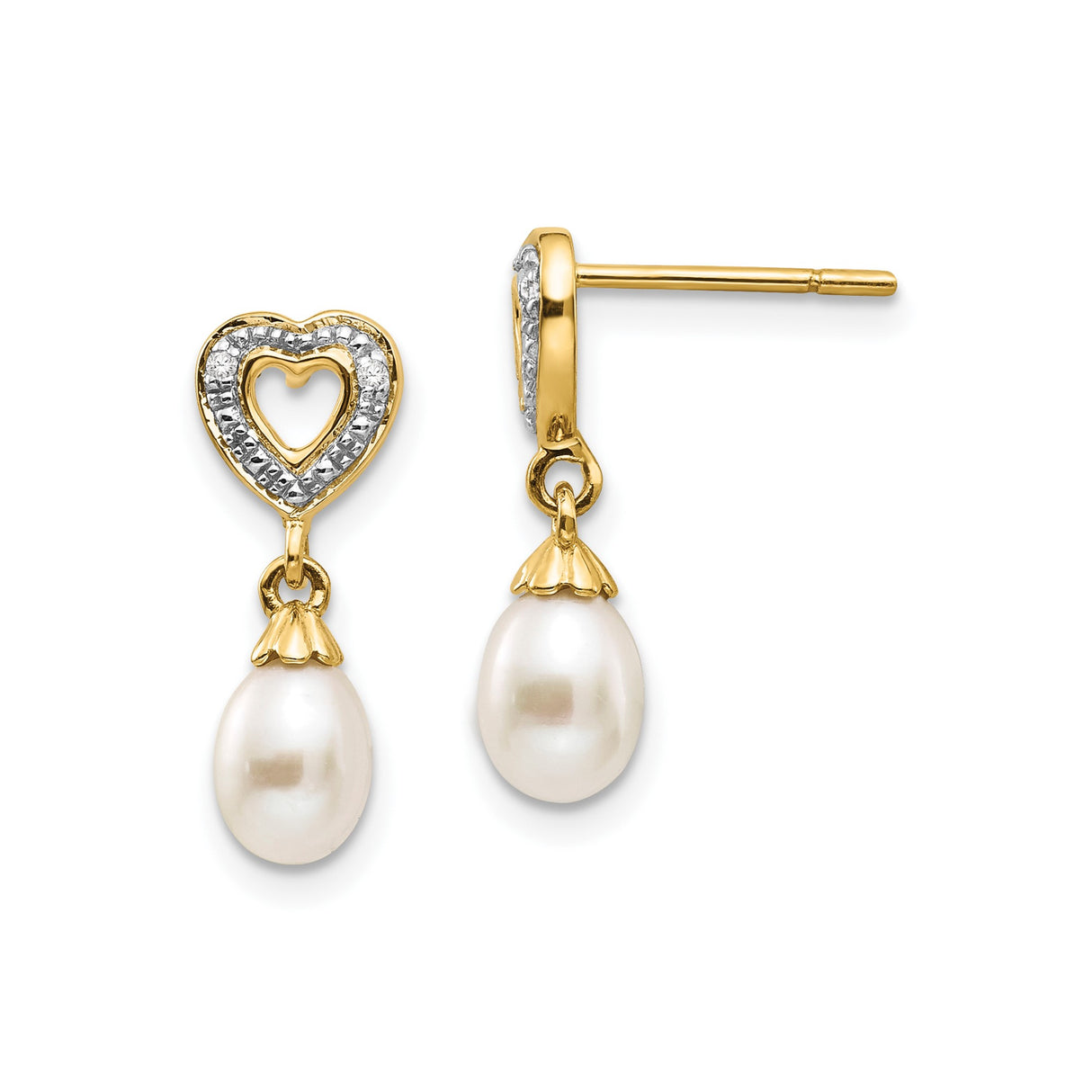 14k Yellow Gold Dangle Earrings with Cultured Freshwater Pearls and Open Heart Design