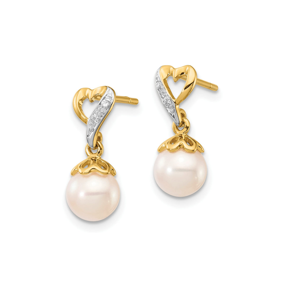 14k Yellow Gold Drop Earrings with Cultured Pearl and Diamond Accents, Open Heart Design