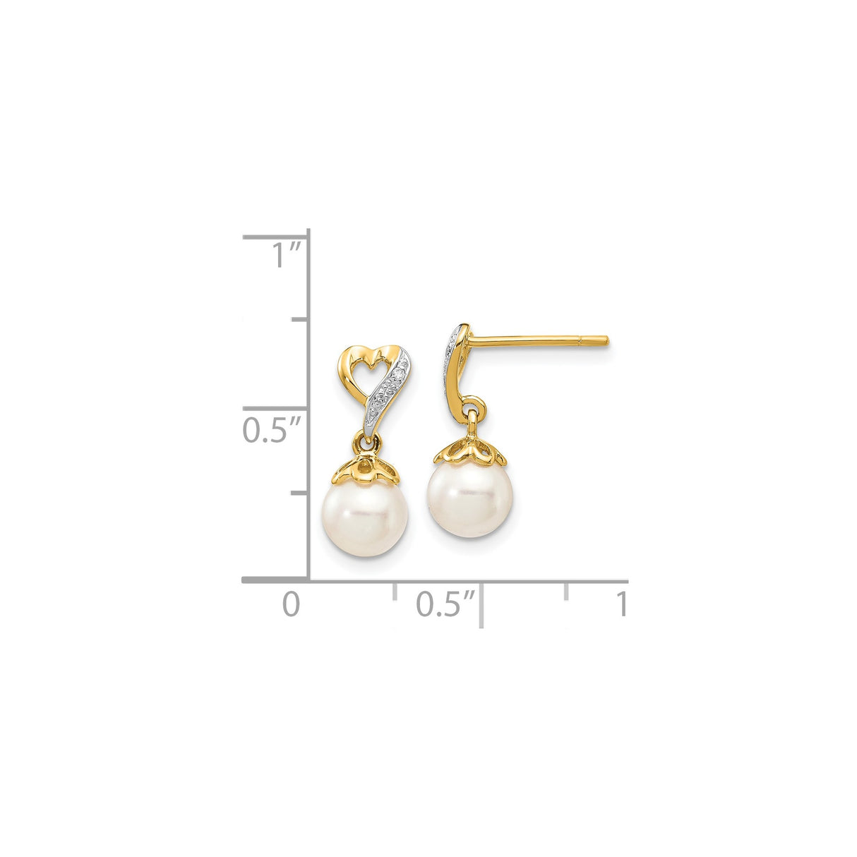 14k Yellow Gold Drop Earrings with Cultured Pearl and Diamond Accents, Open Heart Design