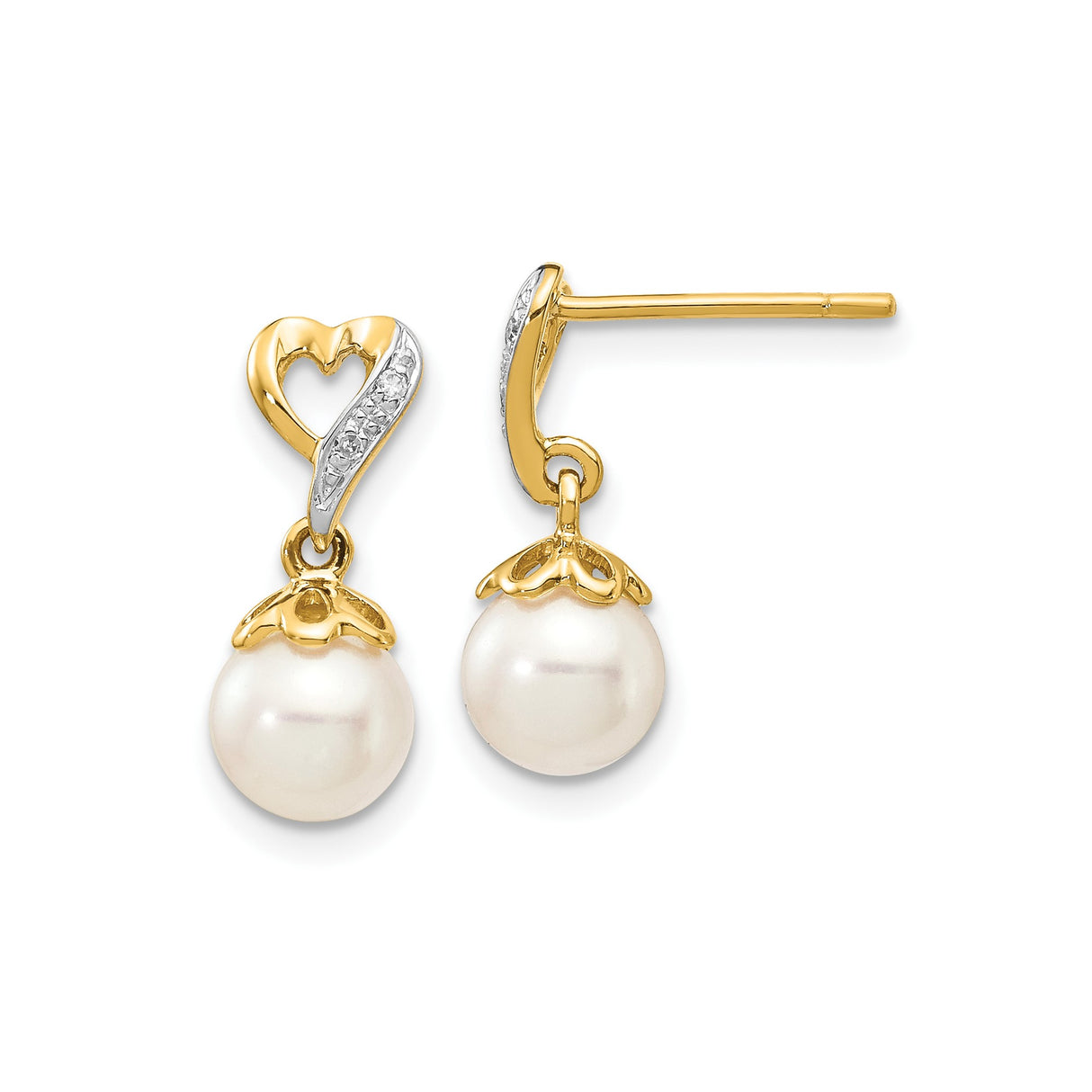 14k Yellow Gold Drop Earrings with Cultured Pearl and Diamond Accents, Open Heart Design