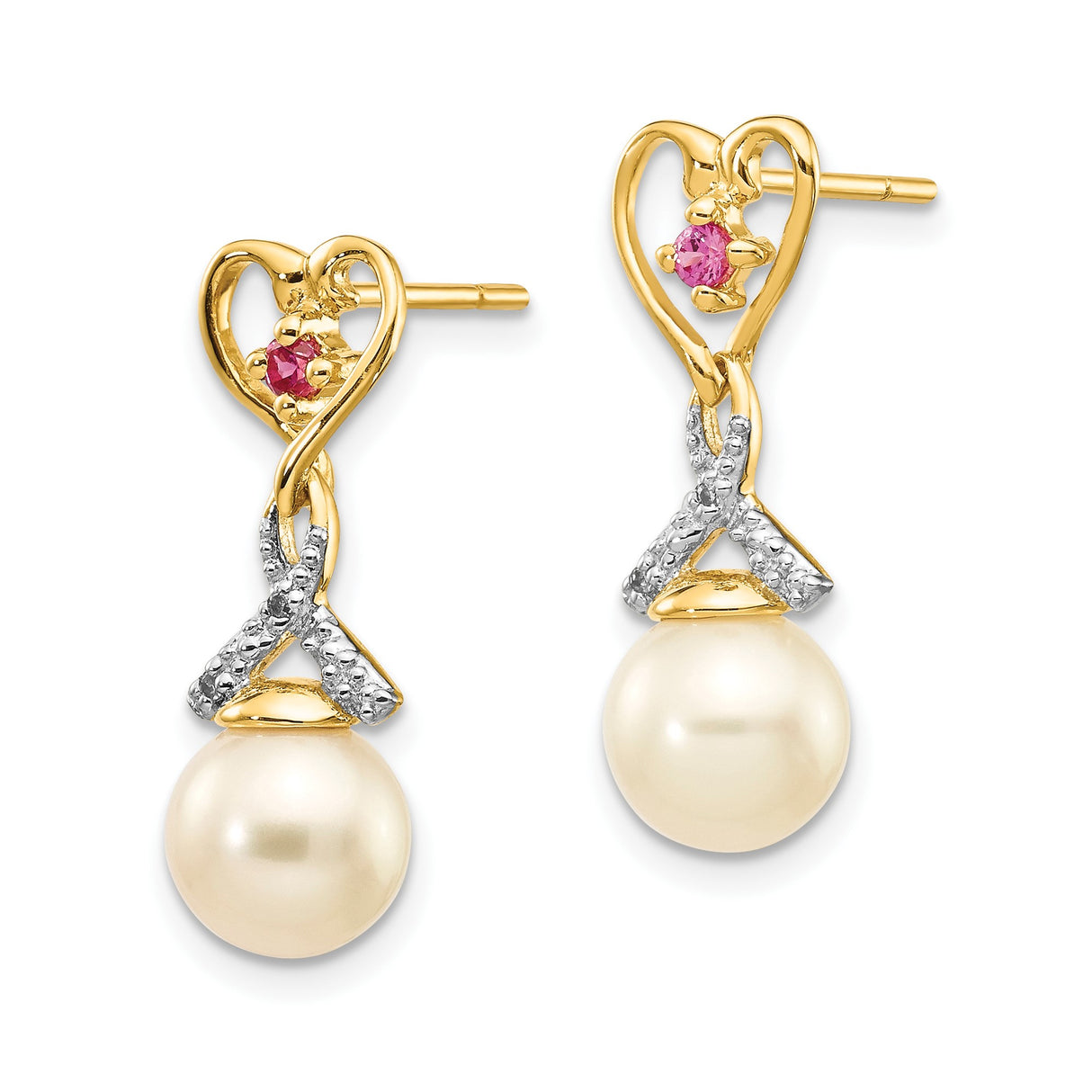 14k Yellow Gold Heart Dangle Earrings with Diamond Accents and White Pearl Drops
