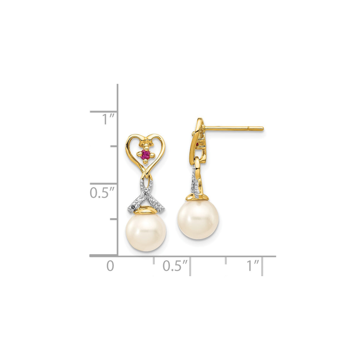 14k Yellow Gold Heart Dangle Earrings with Diamond Accents and White Pearl Drops