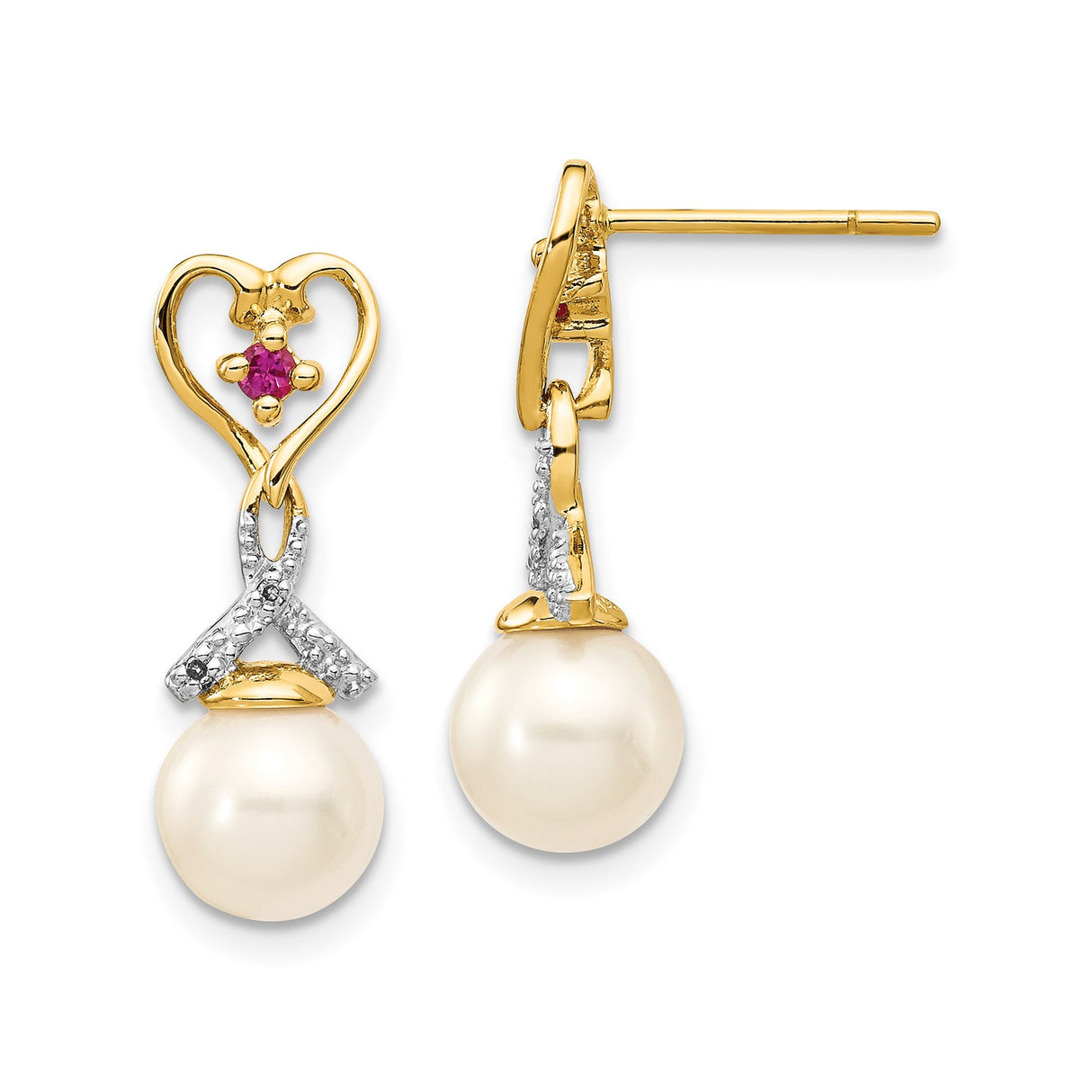 14k Yellow Gold Heart Dangle Earrings with Diamond Accents and White Pearl Drops