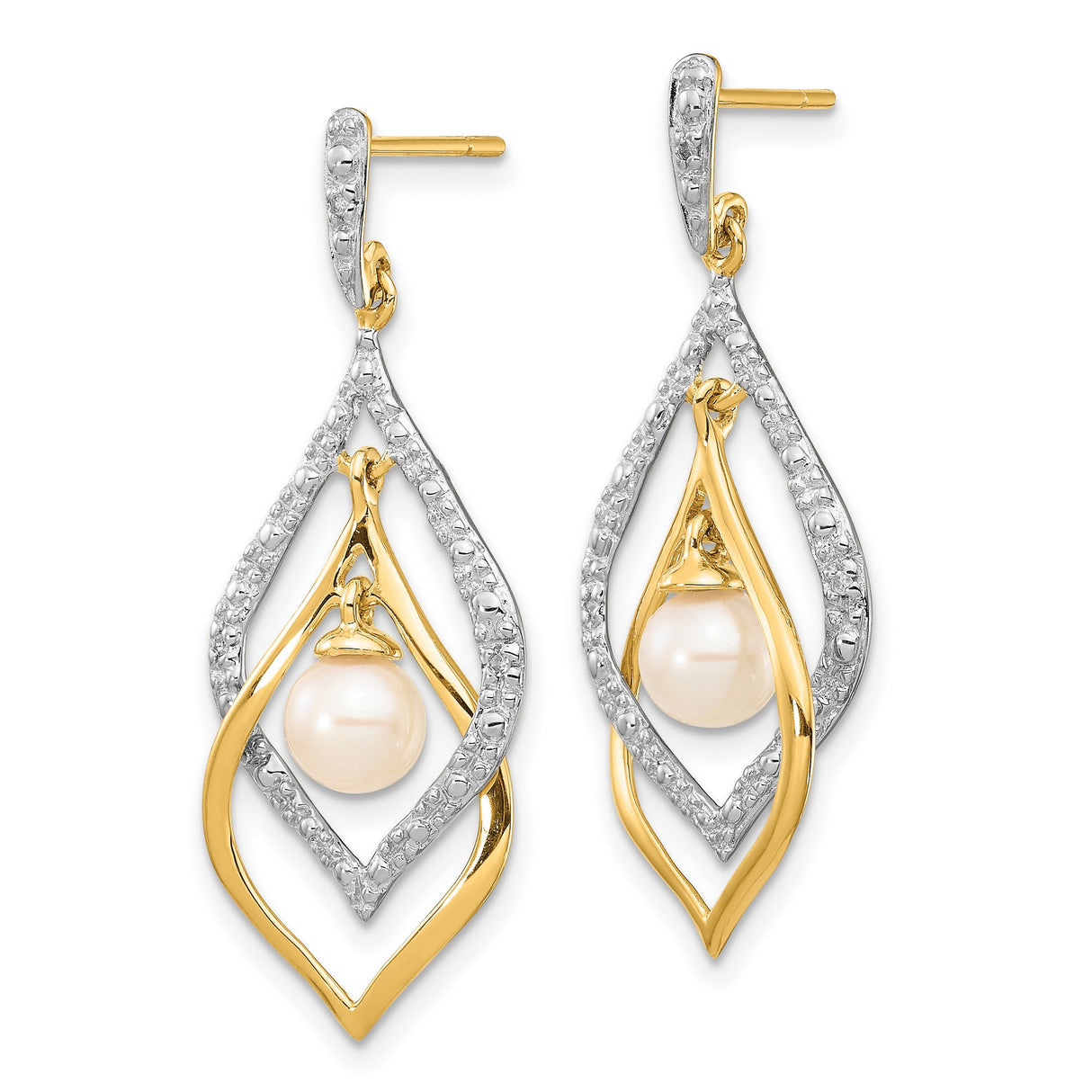 14k Yellow Gold Dangle Earrings with Pearl Centerpiece and Diamond Accents, Teardrop Openwork Design