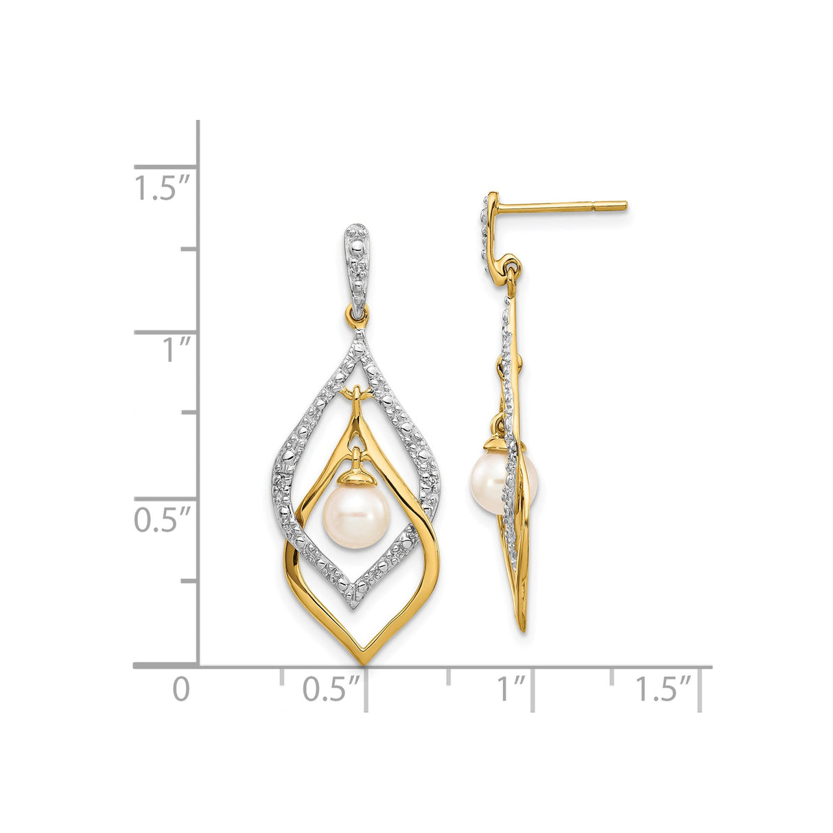 14k Yellow Gold Dangle Earrings with Pearl Centerpiece and Diamond Accents, Teardrop Openwork Design