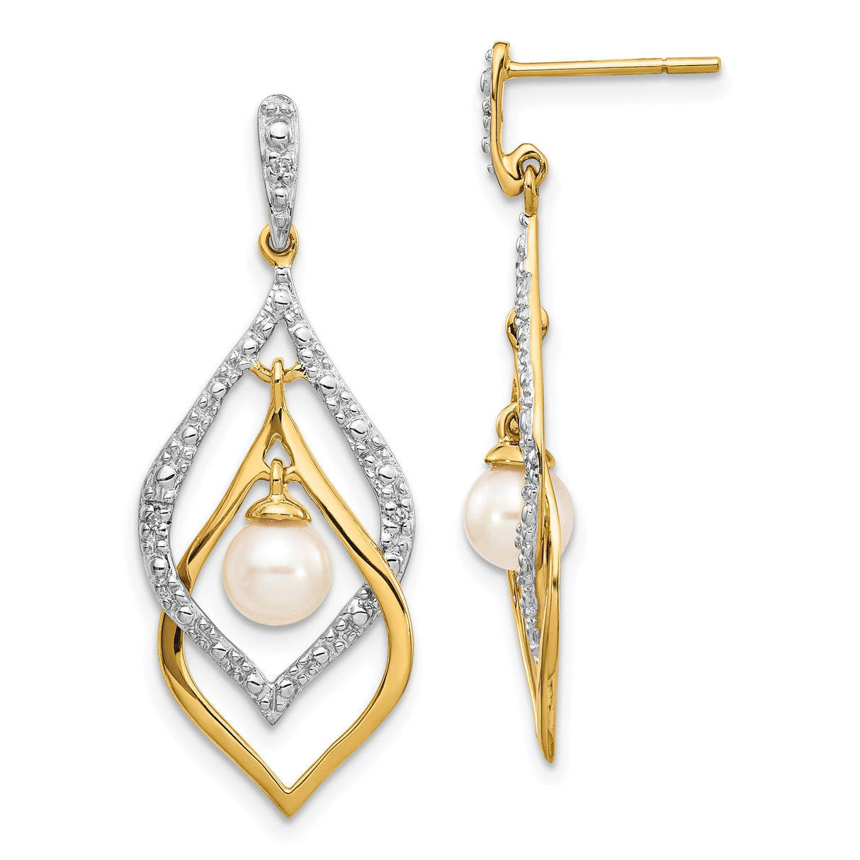 14k Yellow Gold Dangle Earrings with Pearl Centerpiece and Diamond Accents, Teardrop Openwork Design