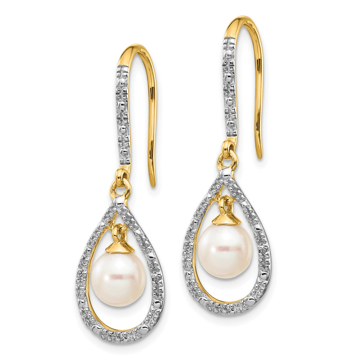 14k Yellow Gold Dangle Earrings with Freshwater Pearls and Diamonds, Teardrop Frame Design