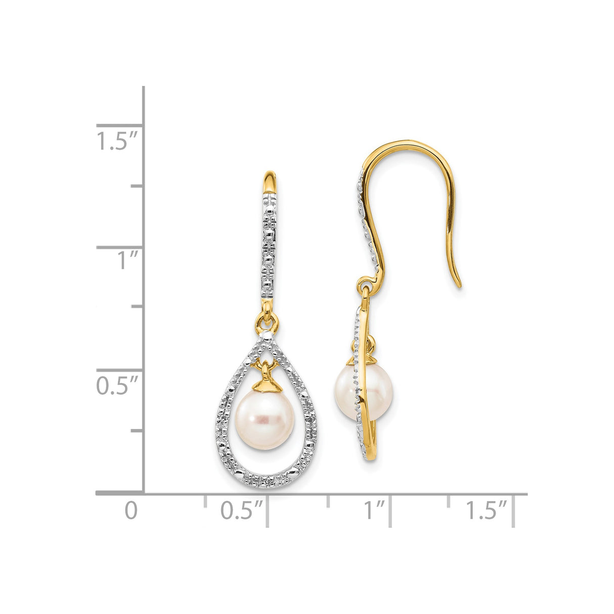 14k Yellow Gold Dangle Earrings with Freshwater Pearls and Diamonds, Teardrop Frame Design