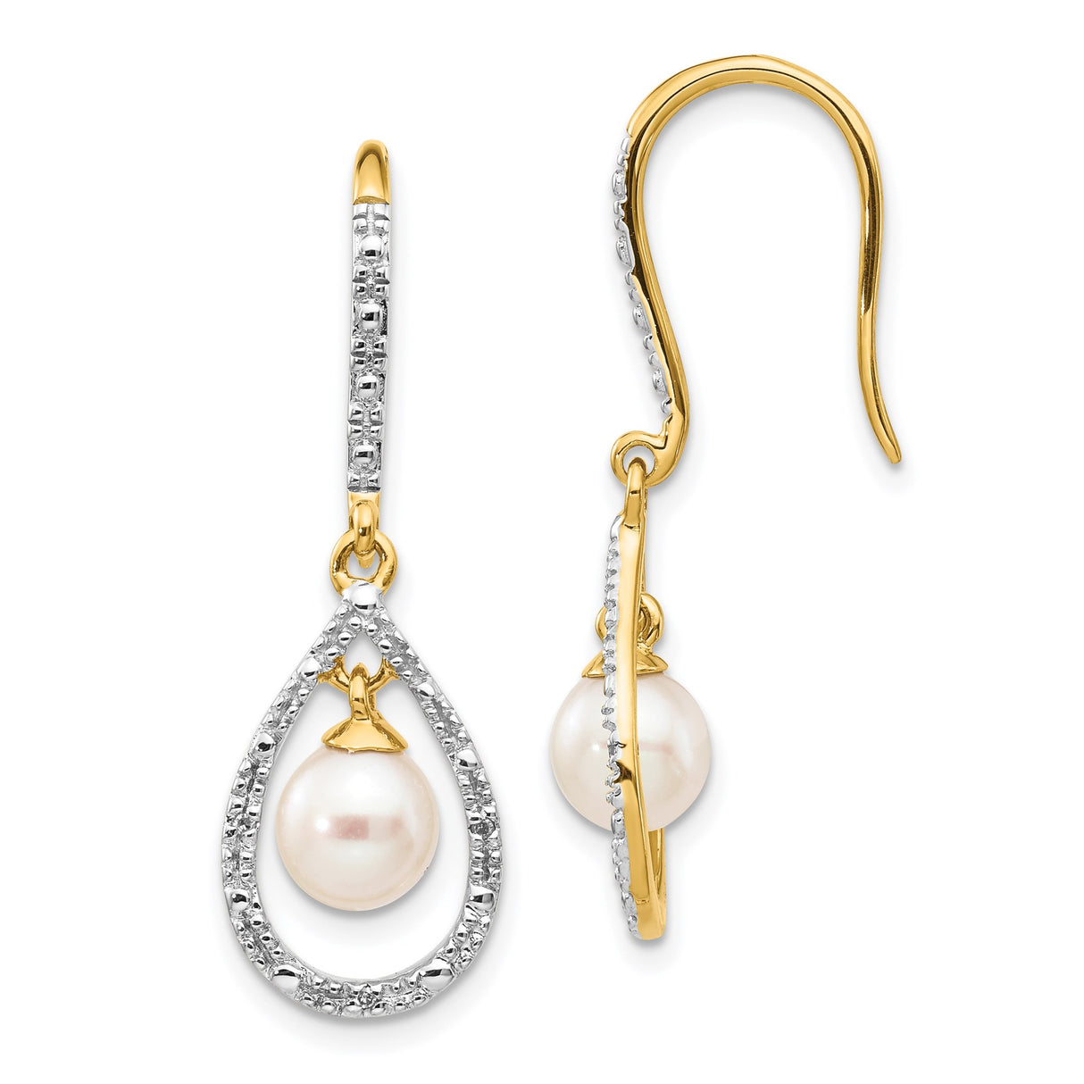 14k Yellow Gold Dangle Earrings with Freshwater Pearls and Diamonds, Teardrop Frame Design