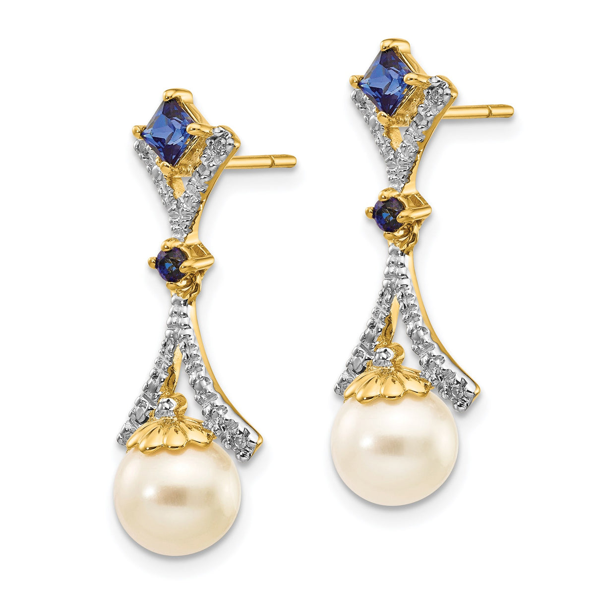 14k Yellow Gold Dangle Earrings with Cultured Pearls, Blue Sapphires, and Diamonds