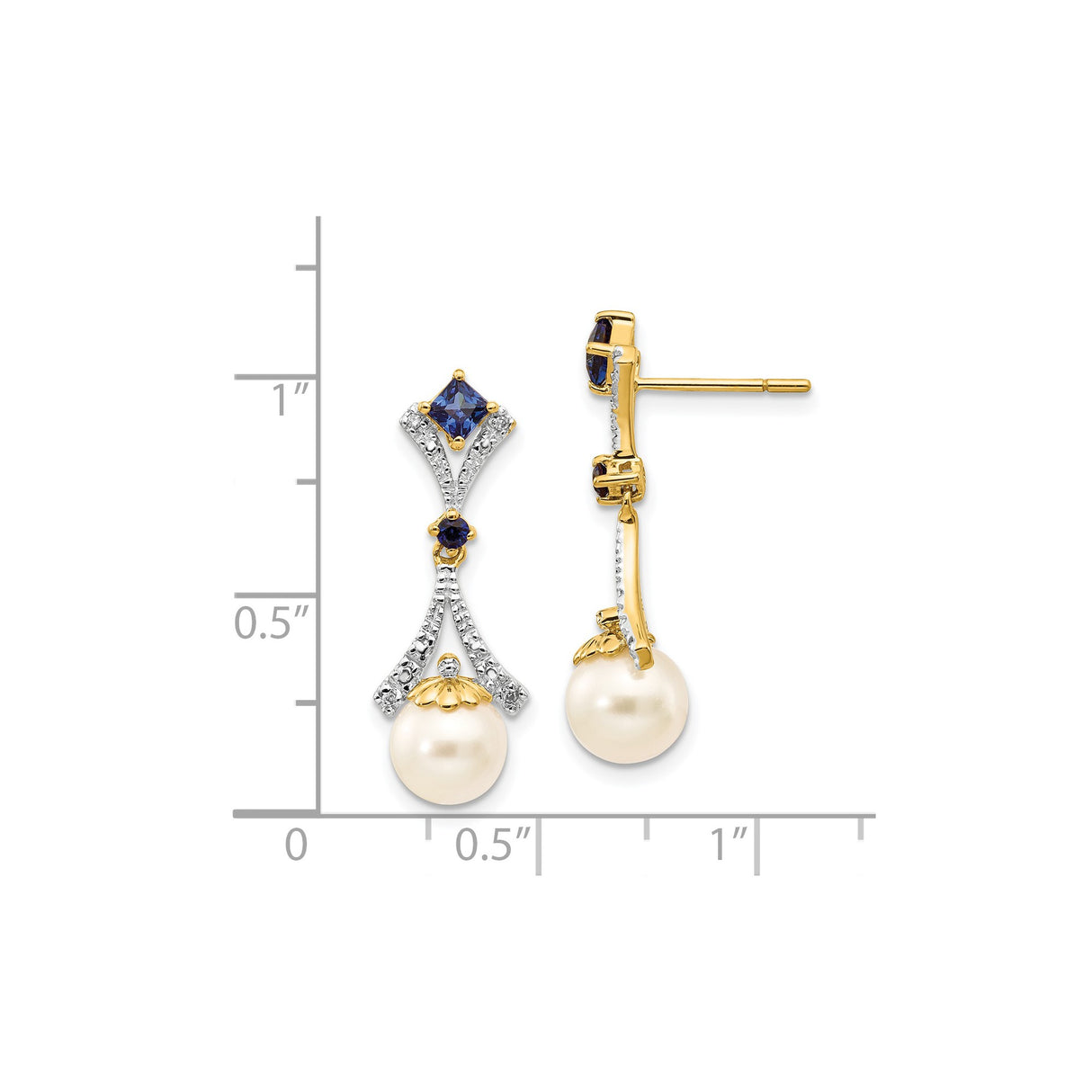 14k Yellow Gold Dangle Earrings with Cultured Pearls, Blue Sapphires, and Diamonds