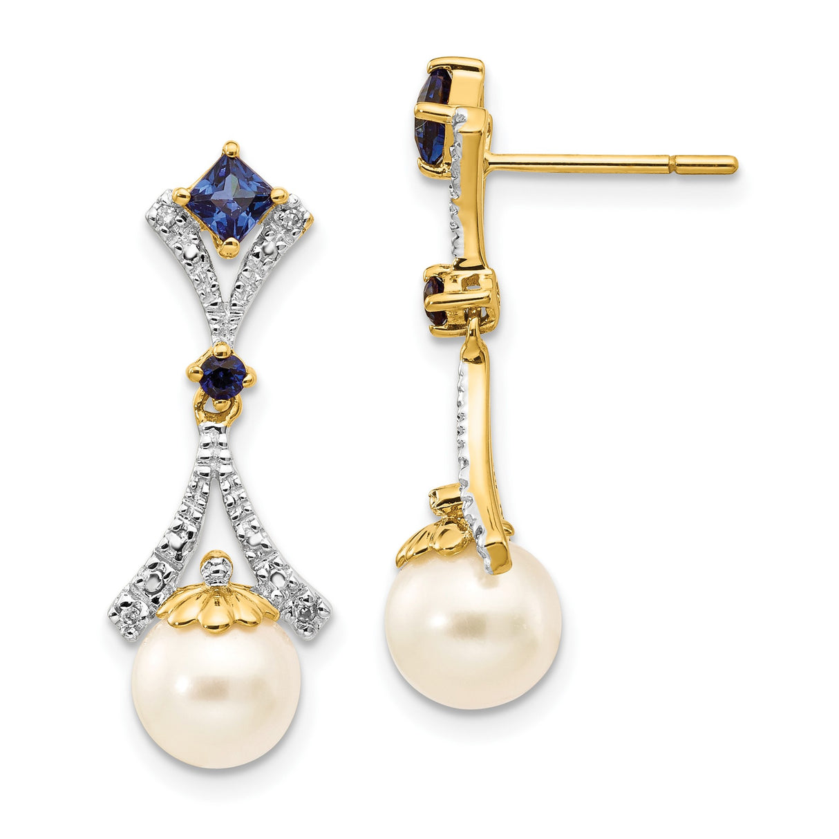 14k Yellow Gold Dangle Earrings with Cultured Pearls, Blue Sapphires, and Diamonds
