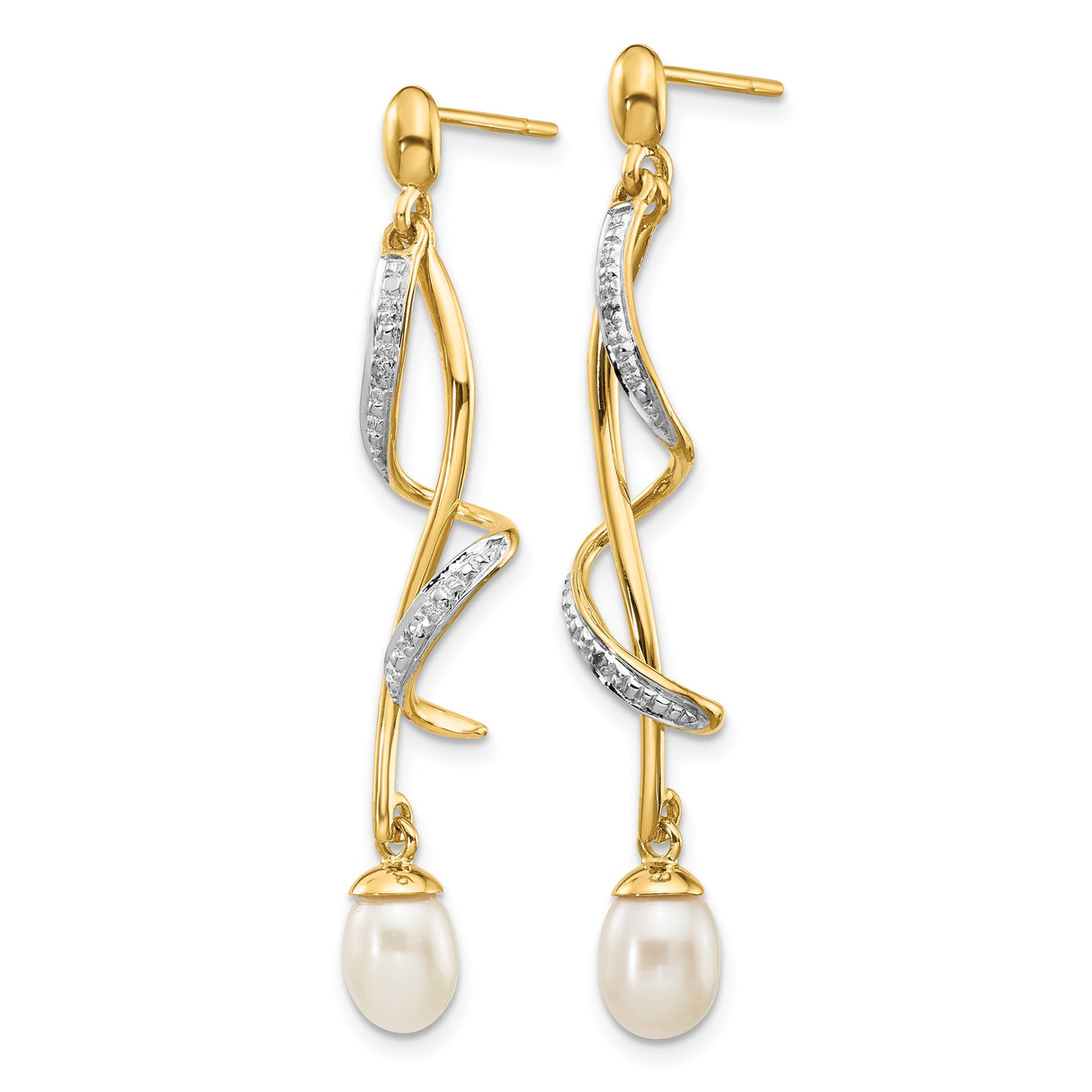 14k Yellow Gold Dangle Earrings with Cultured Pearls and Diamond Accents, Twisted Teardrop Design