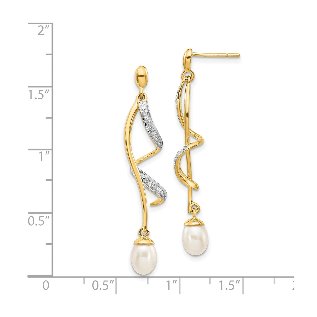 14k Yellow Gold Dangle Earrings with Cultured Pearls and Diamond Accents, Twisted Teardrop Design