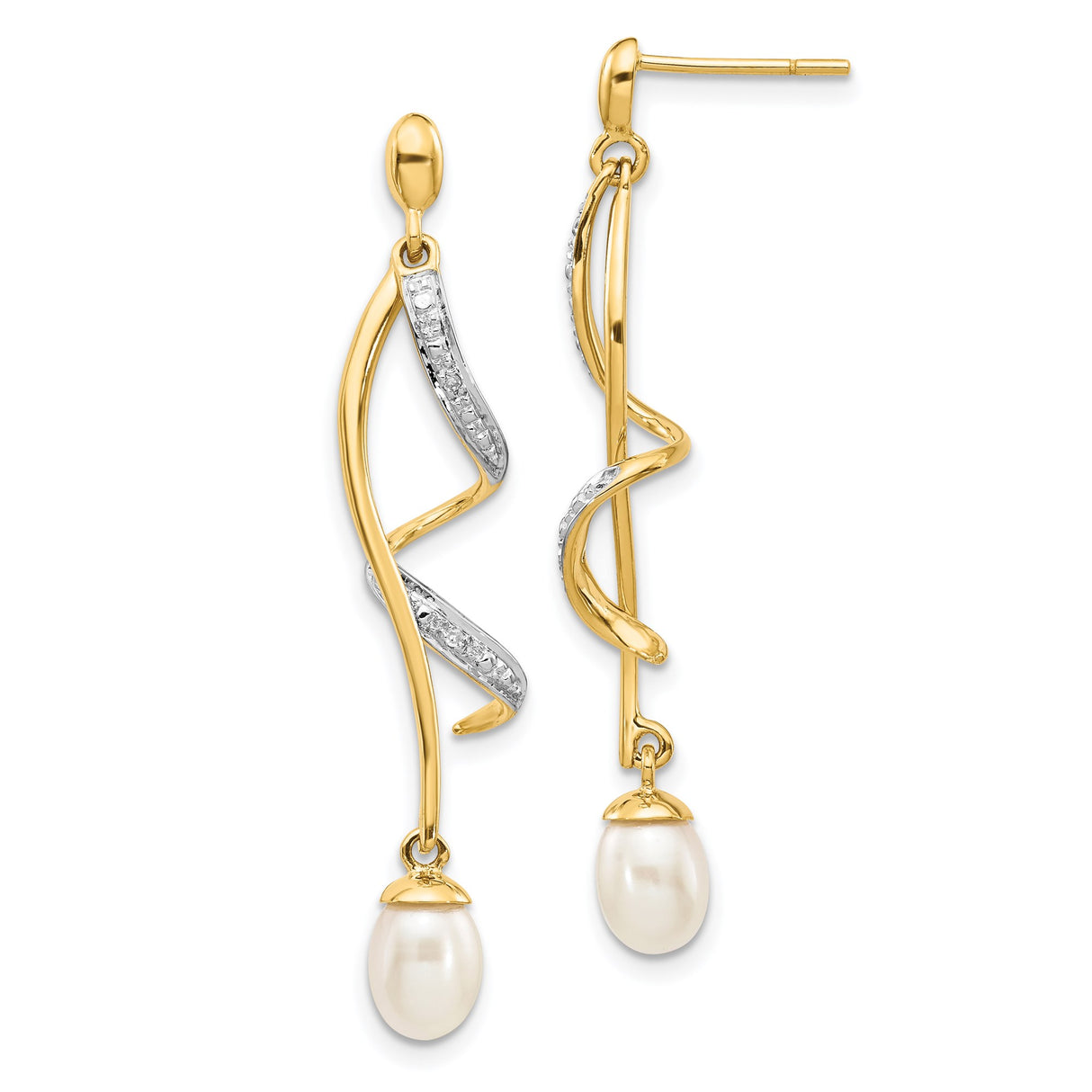 14k Yellow Gold Dangle Earrings with Cultured Pearls and Diamond Accents, Twisted Teardrop Design