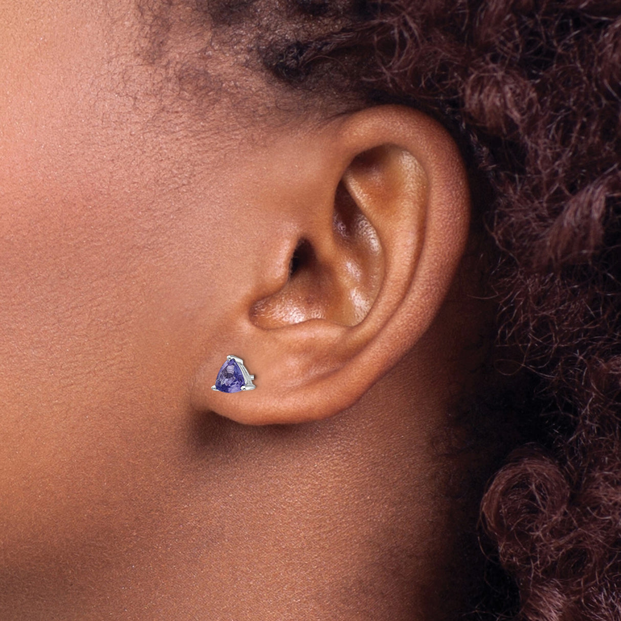 14k White Gold Stud Earrings with Triangle Cut Tanzanite, Modern Minimalist Design