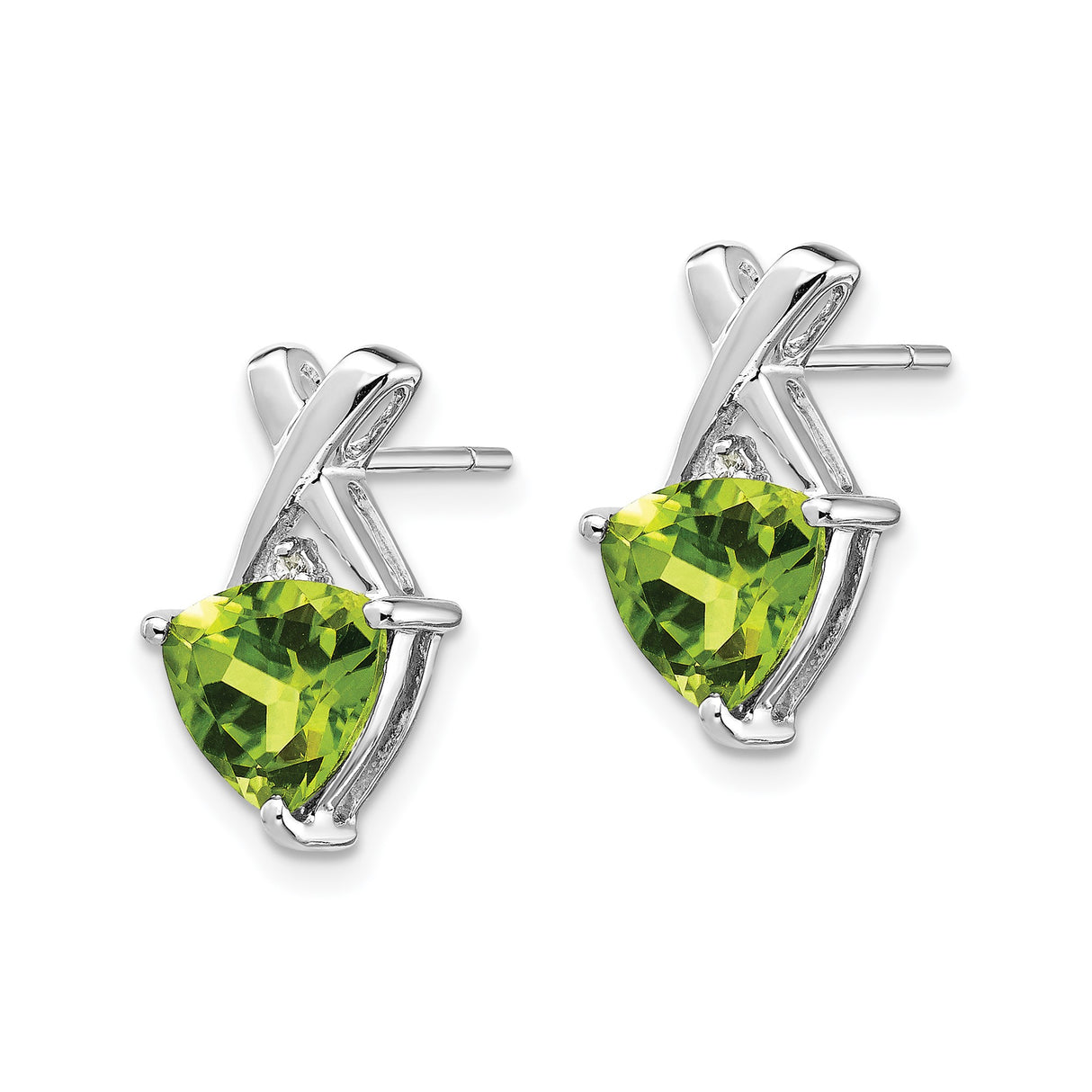 14k White Gold Peridot Stud Earrings with Trillion Cut Gemstone in Modern X Design