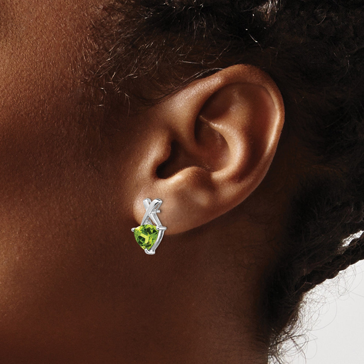 14k White Gold Peridot Stud Earrings with Trillion Cut Gemstone in Modern X Design