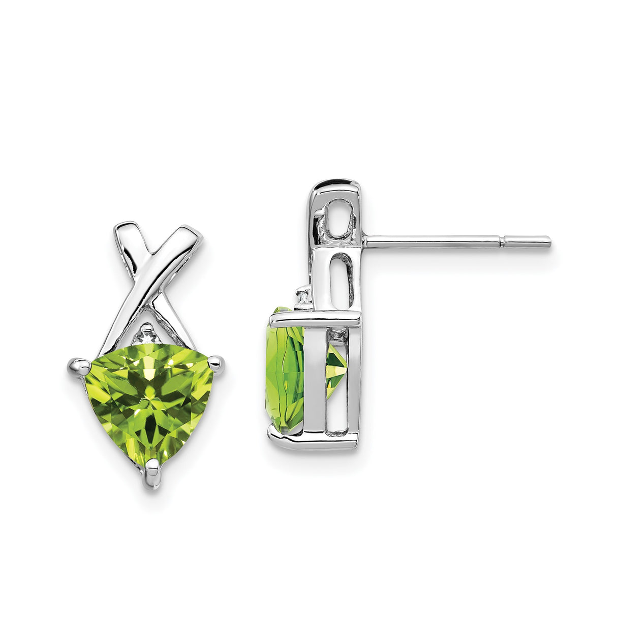 14k White Gold Peridot Stud Earrings with Trillion Cut Gemstone in Modern X Design