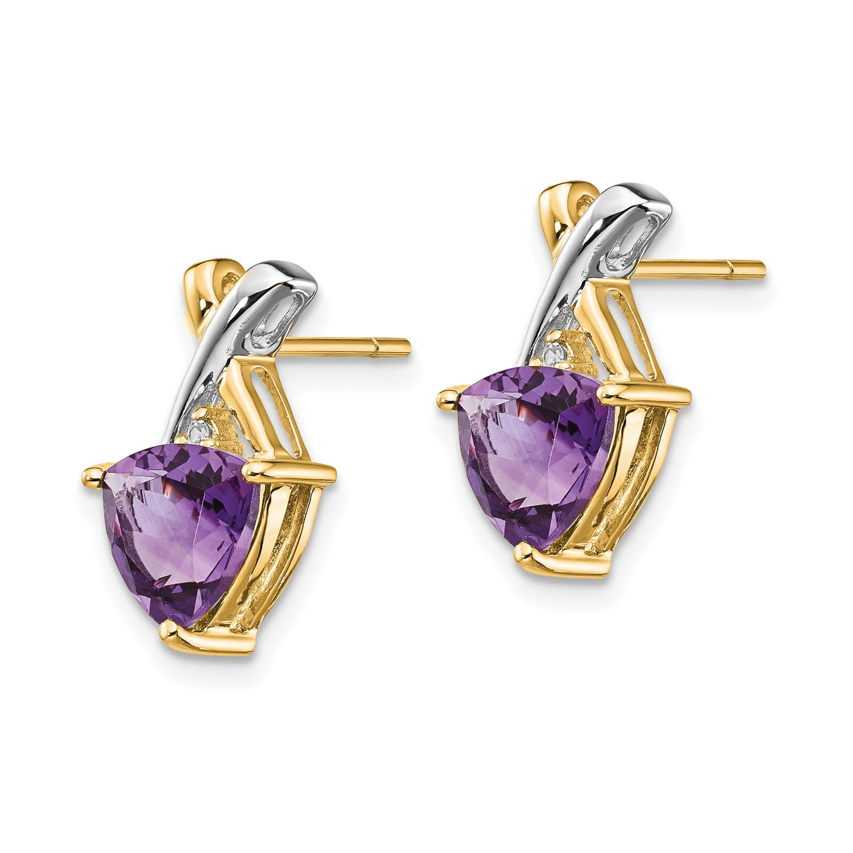 14k Yellow Gold Amethyst Stud Earrings with White Topaz Accents, Two-Tone Crossover Design
