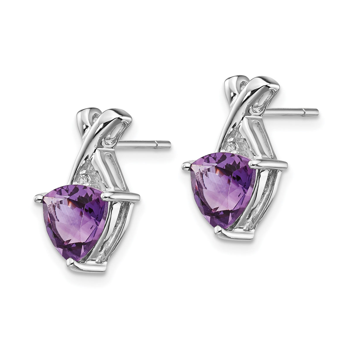 14k White Gold Stud Earrings with Trillion Cut Amethyst and White Topaz Accents, Crisscross X Design