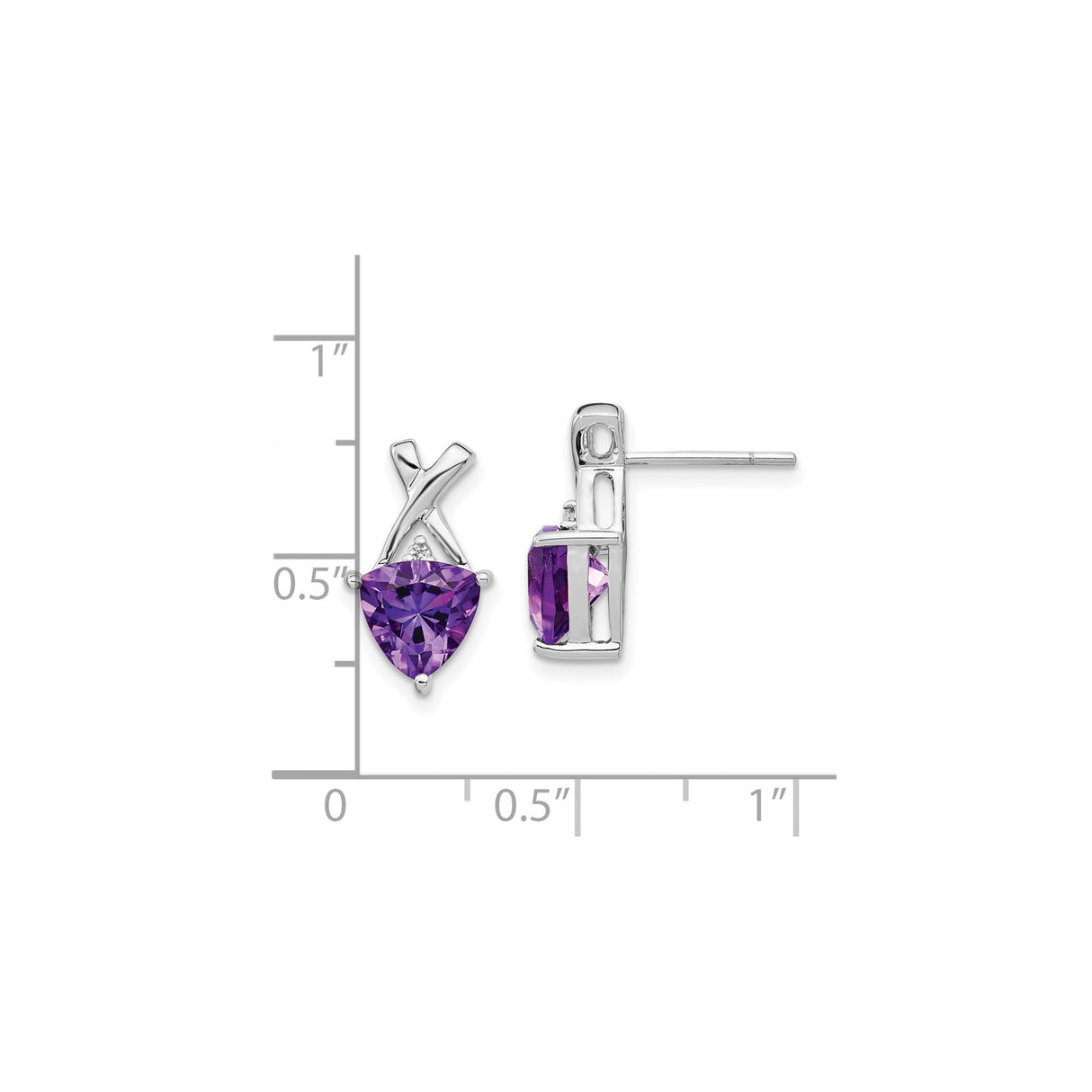 14k White Gold Stud Earrings with Trillion Cut Amethyst and White Topaz Accents, Crisscross X Design