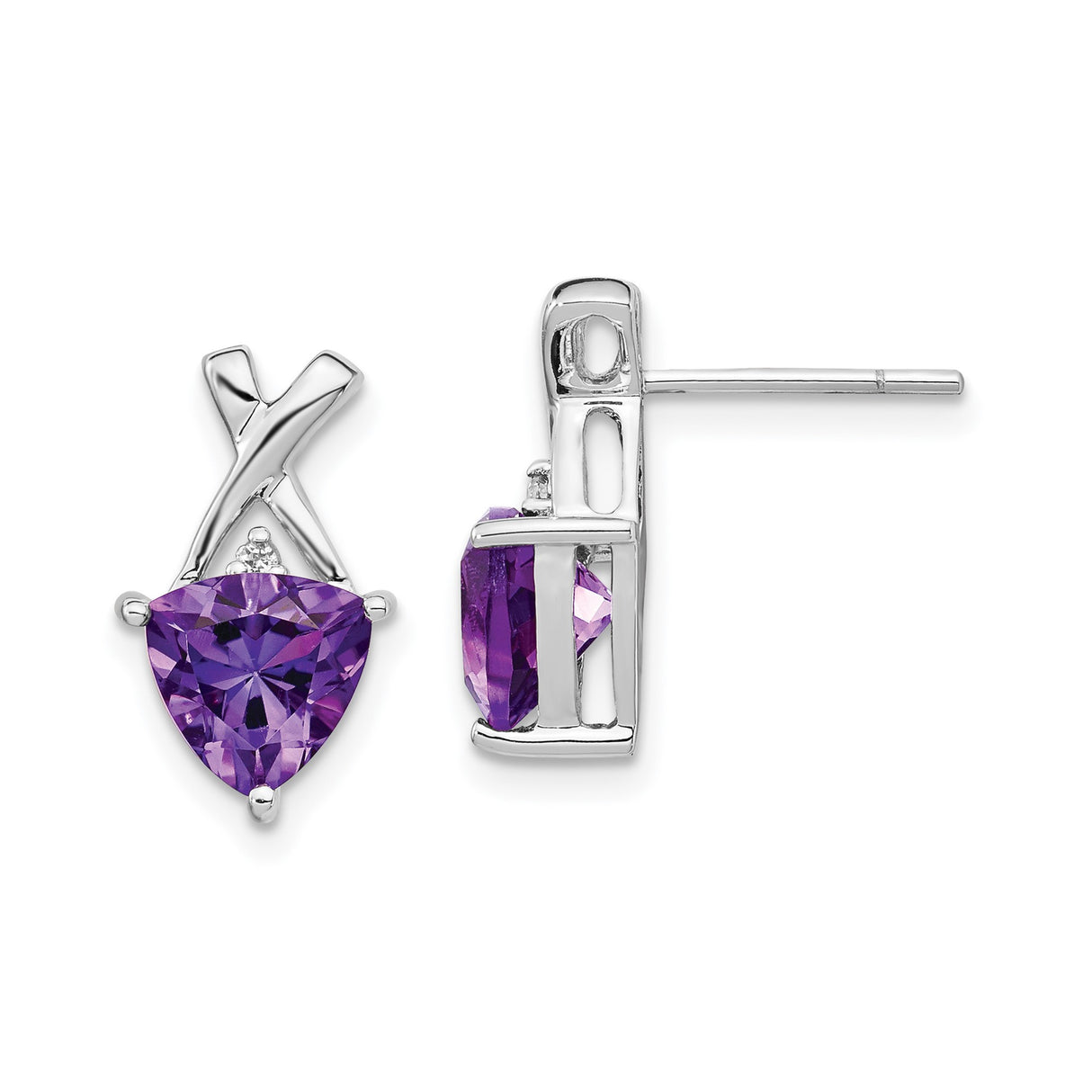 14k White Gold Stud Earrings with Trillion Cut Amethyst and White Topaz Accents, Crisscross X Design