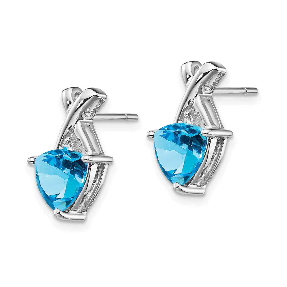 14k White Gold Stud Earrings with Heart Shaped Swiss Blue Topaz and Criss-Cross Design