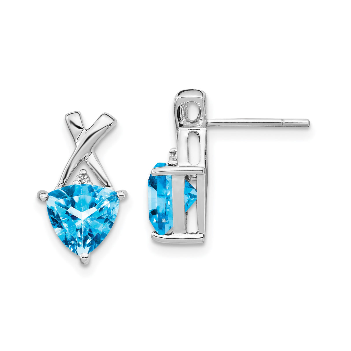 14k White Gold Stud Earrings with Heart Shaped Swiss Blue Topaz and Criss-Cross Design