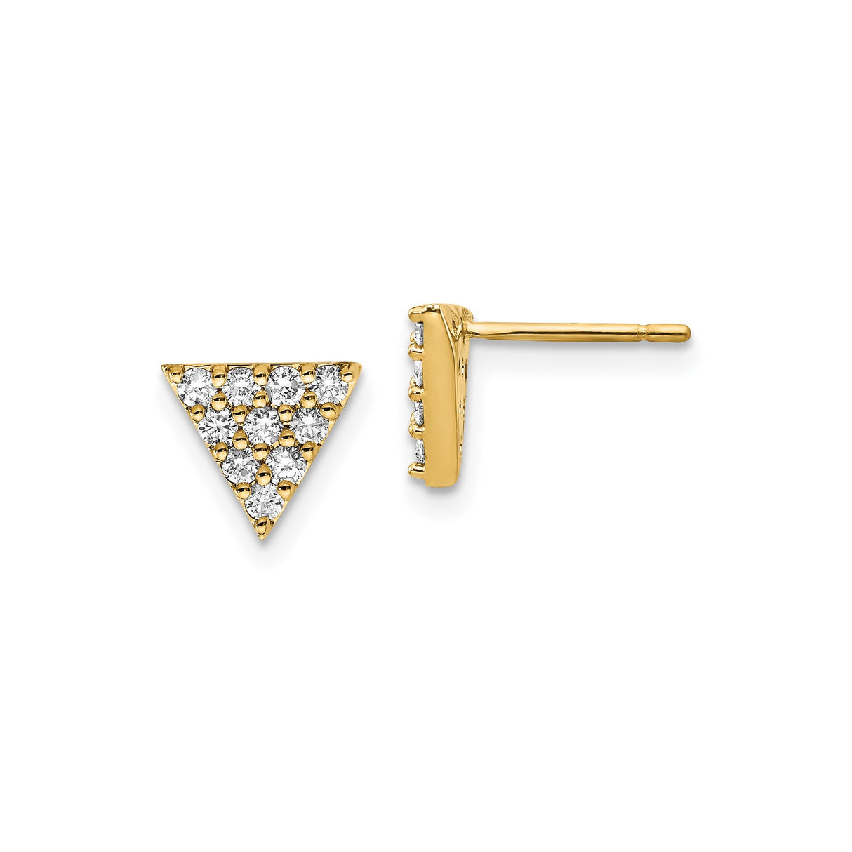 14k Yellow Gold Triangle Stud Earrings with Pave Cubic Zirconia, Minimalist Geometric Design