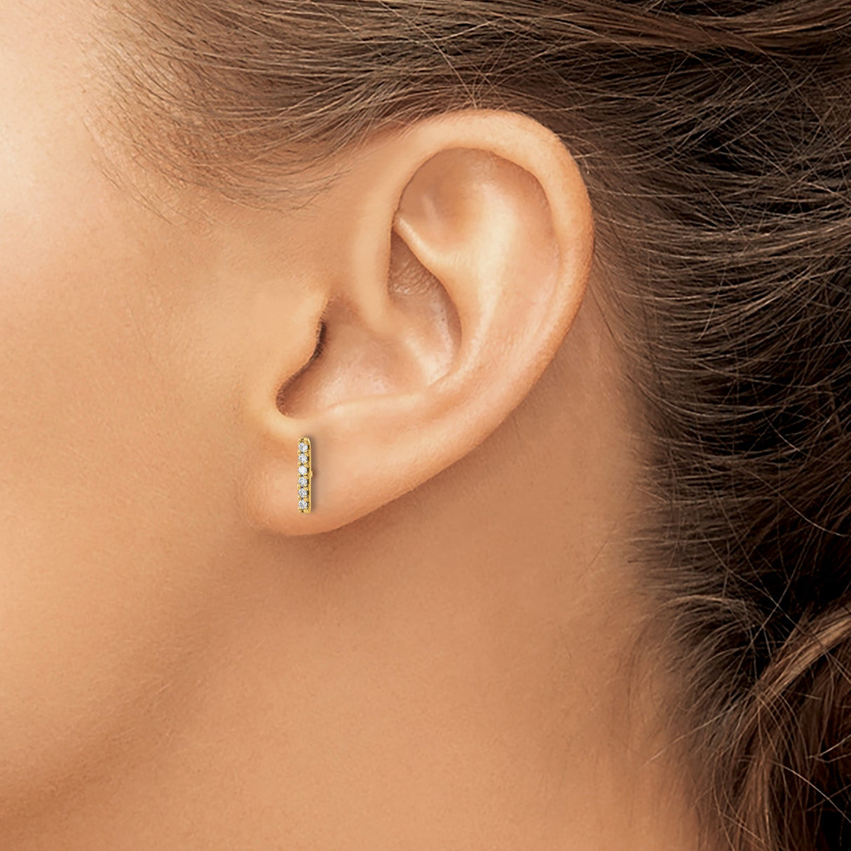 14k Yellow Gold Bar Stud Earrings with Round Cut Diamonds, Minimalist Vertical Design