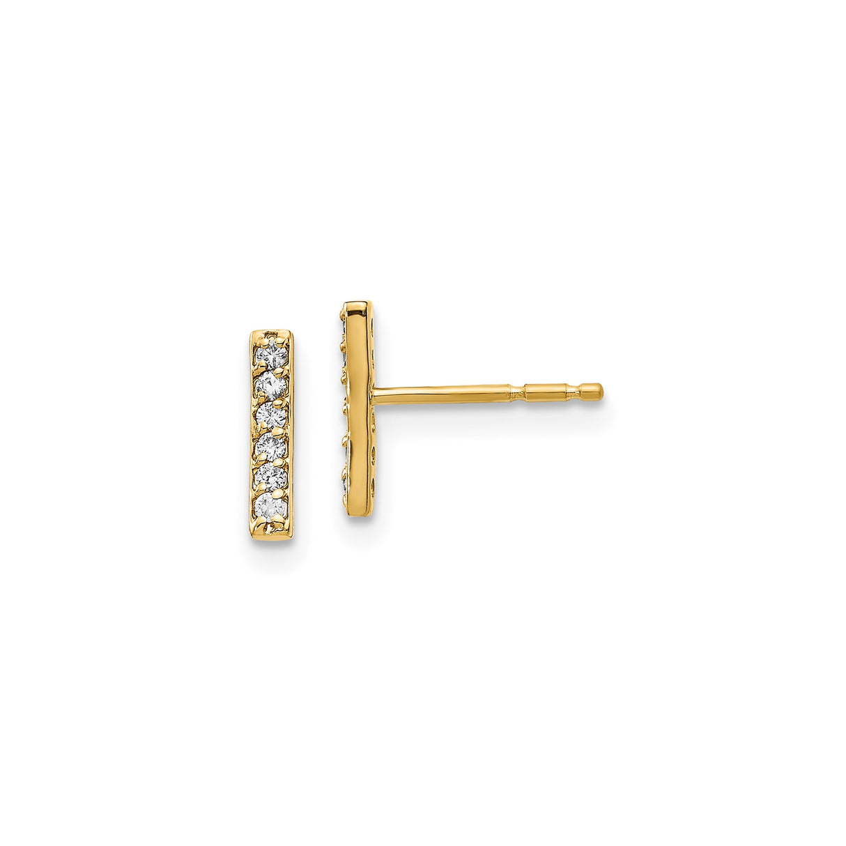 14k Yellow Gold Bar Stud Earrings with Round Cut Cubic Zirconia, Minimalist Vertical Design