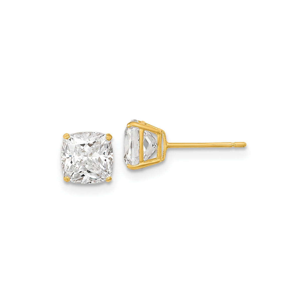 14k Yellow Gold Cushion Cut Stud Earrings with Cubic Zirconia, Classic Minimalist Design