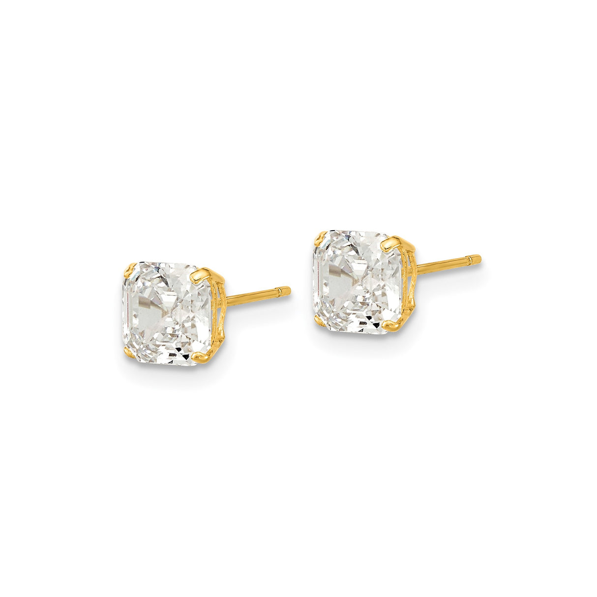 14k Yellow Gold Stud Earrings with Square Asscher Cut Cubic Zirconia, Solitaire Design