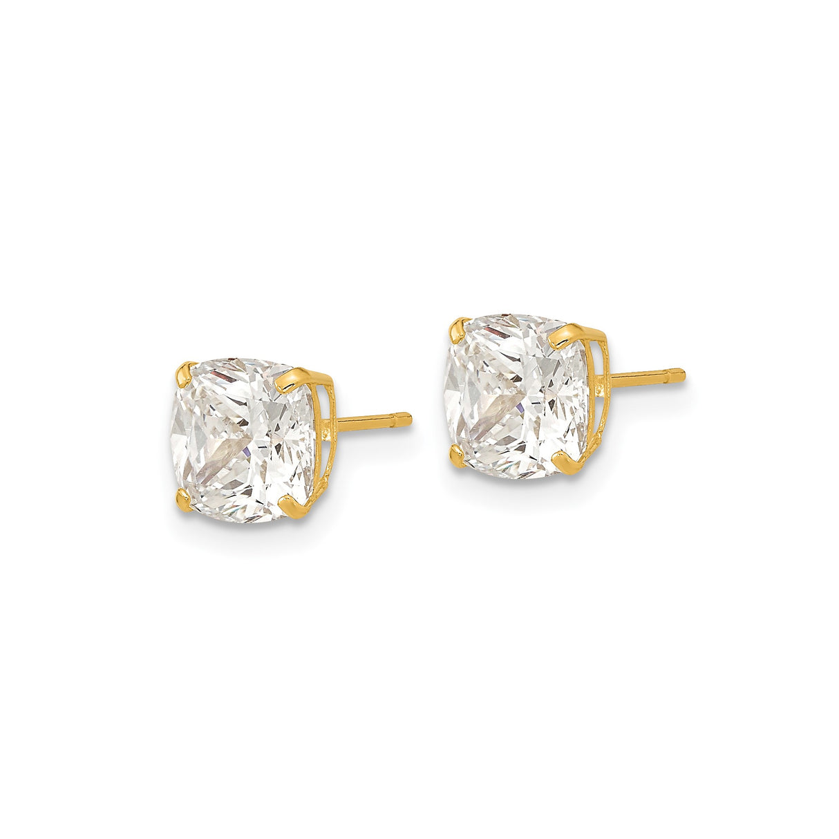 14k Yellow Gold Cushion Cut Stud Earrings with Cubic Zirconia, Solitaire Style