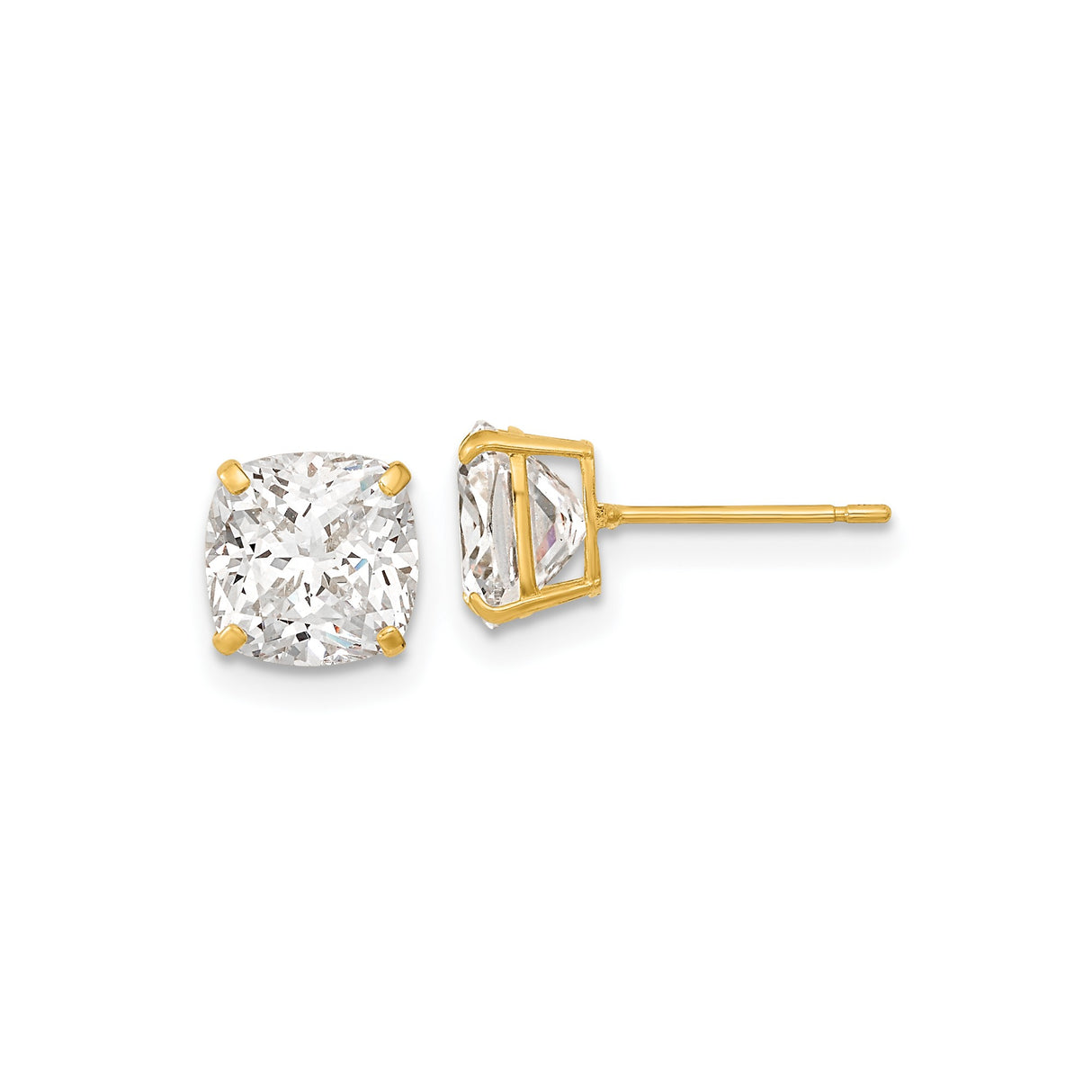 14k Yellow Gold Cushion Cut Stud Earrings with Cubic Zirconia, Solitaire Style
