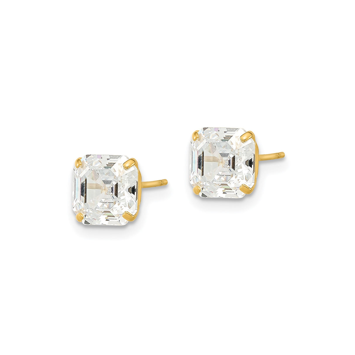 14k Yellow Gold Stud Earrings with Asscher Cut Cubic Zirconia, Classic Four Prong Setting