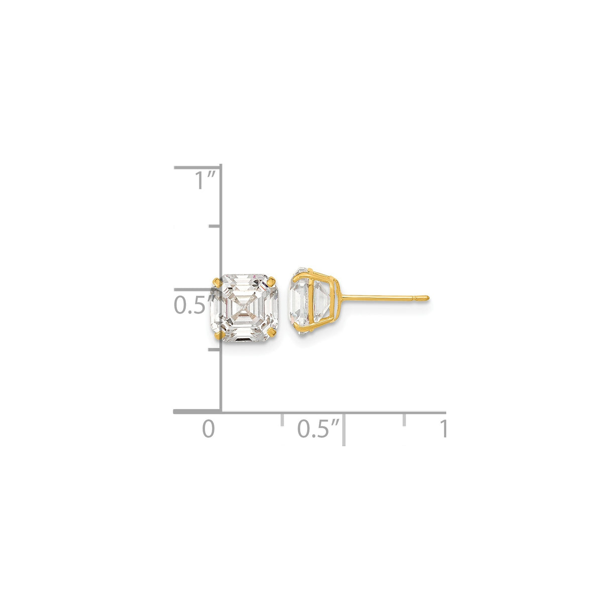 14k Yellow Gold Stud Earrings with Asscher Cut Cubic Zirconia, Classic Four Prong Setting