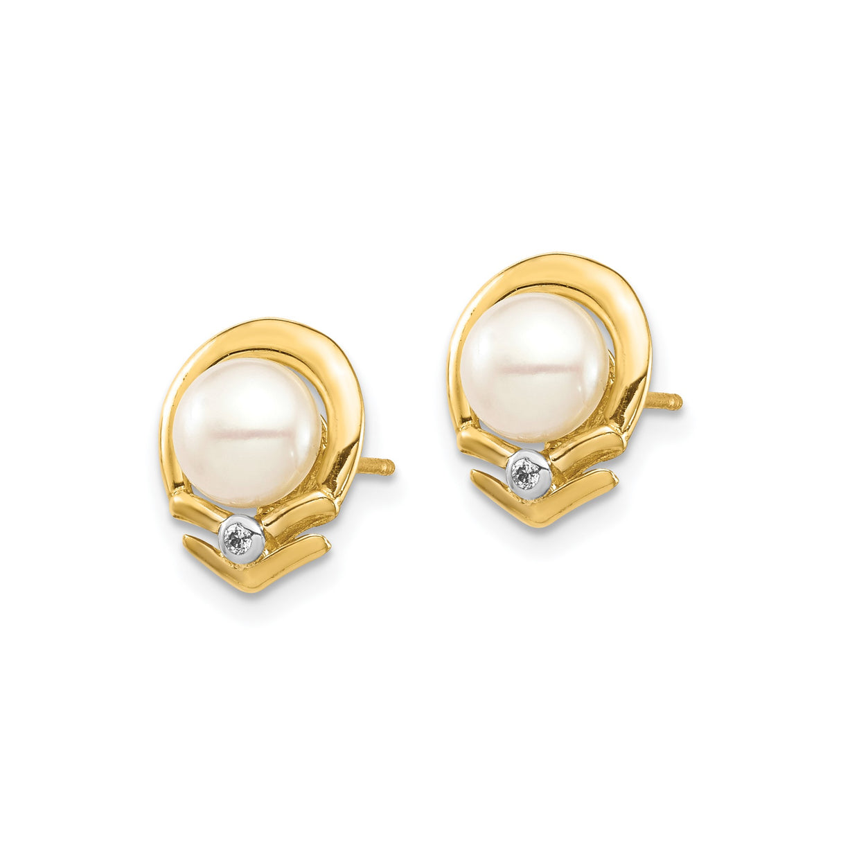 14k Yellow Gold Claddagh Stud Earrings with Round White Pearls and Diamond Accent