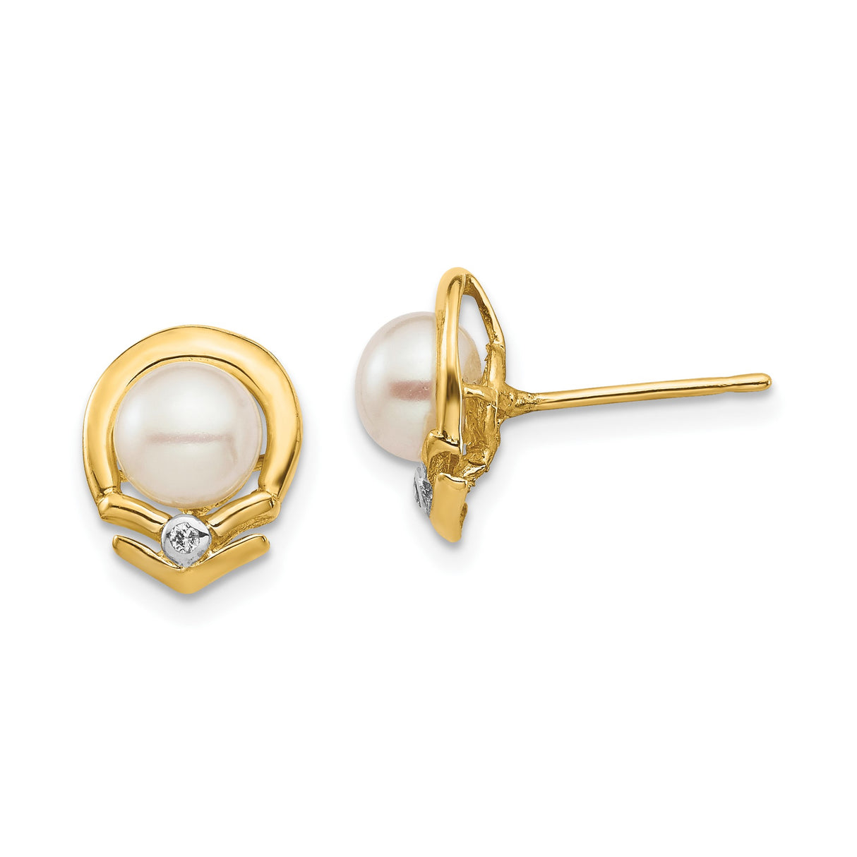 14k Yellow Gold Claddagh Stud Earrings with Round White Pearls and Diamond Accent