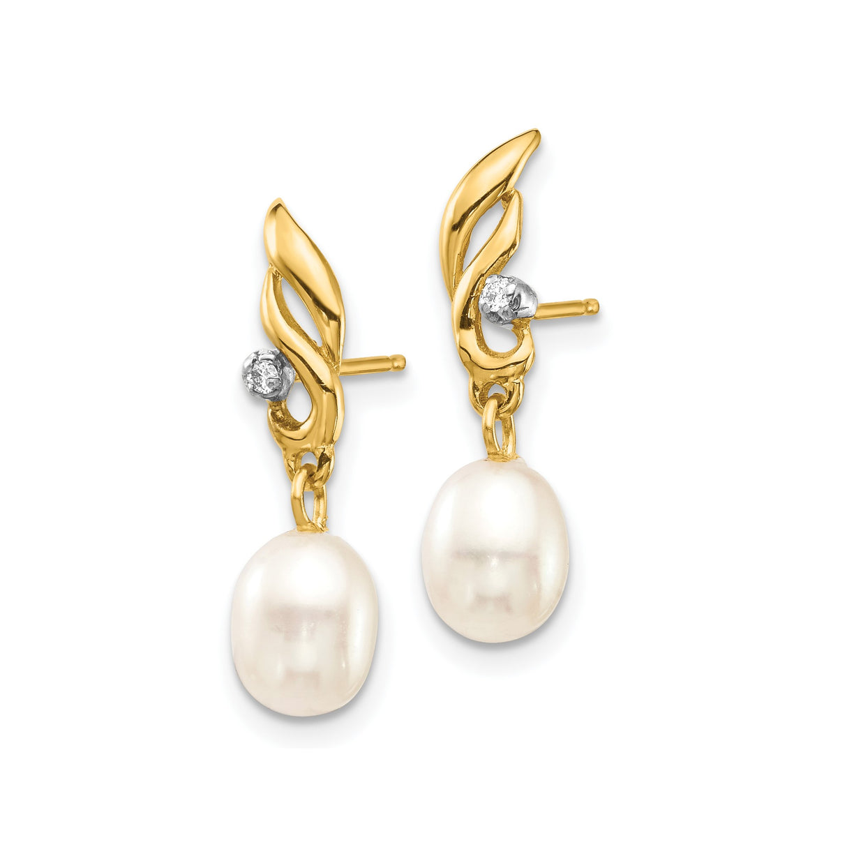 14k Yellow Gold Dangle Earrings with Freshwater Pearl Drop and Diamond Accent, Swirl Design