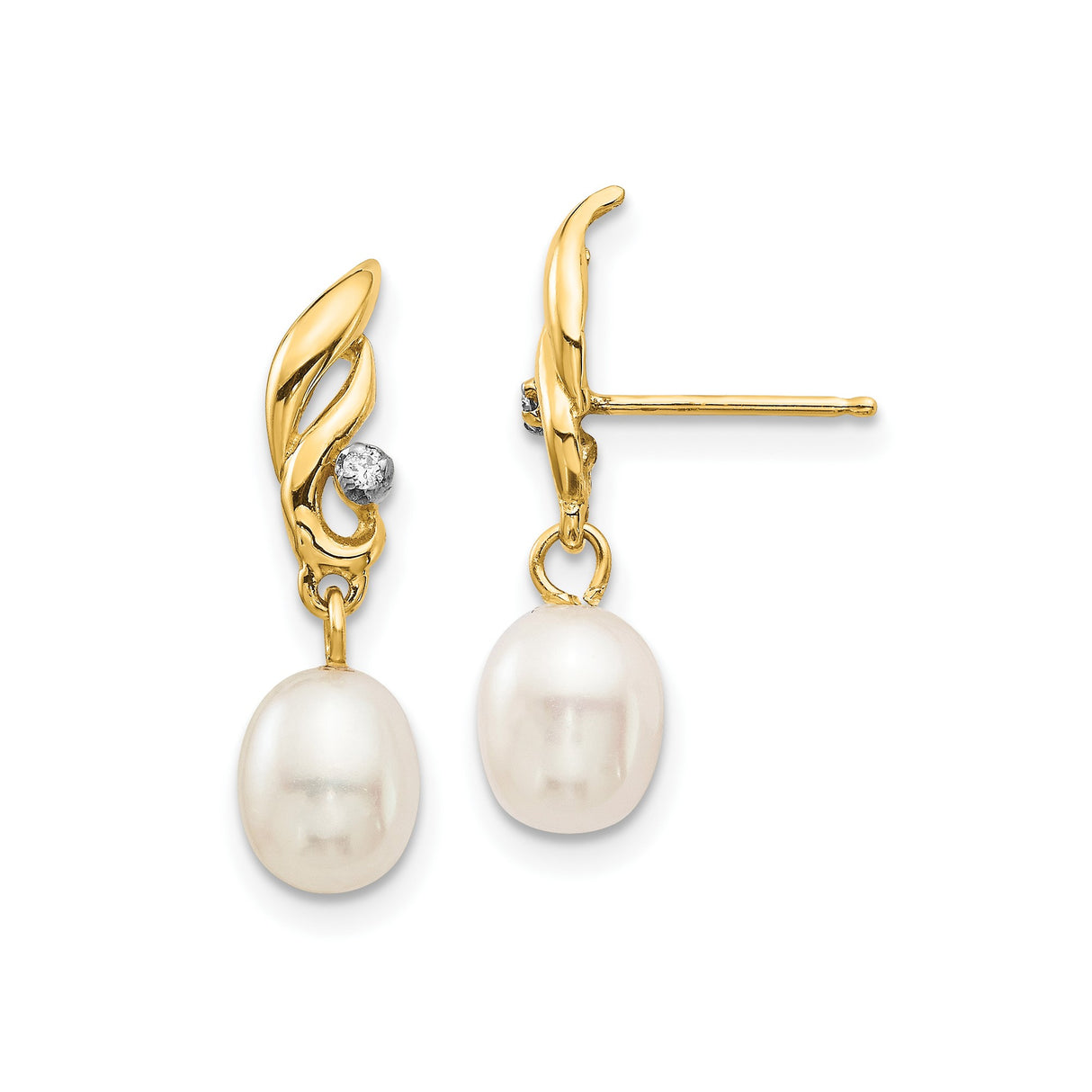 14k Yellow Gold Dangle Earrings with Freshwater Pearl Drop and Diamond Accent, Swirl Design