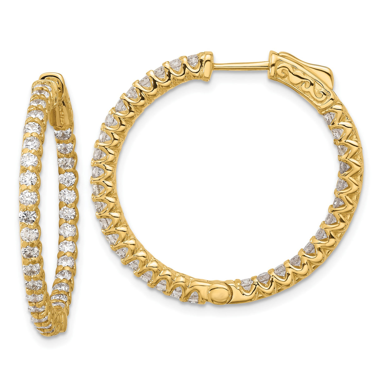 14k Yellow Gold Hoop Earrings with Diamonds, Full Circle Prong Set Zigzag Design