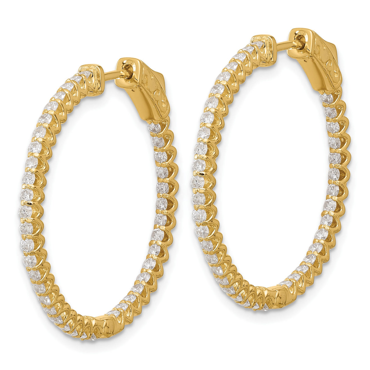 14k Yellow Gold Diamond Hoop Earrings, Inside-Out Round Cut with Latch Back Closure