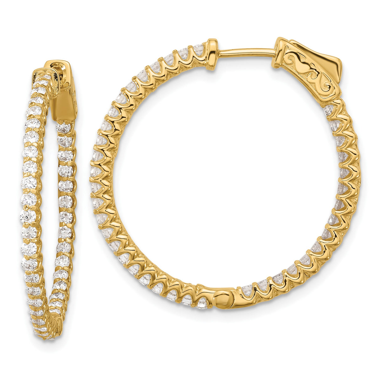 14k Yellow Gold Diamond Hoop Earrings, Inside-Out Round Cut with Latch Back Closure
